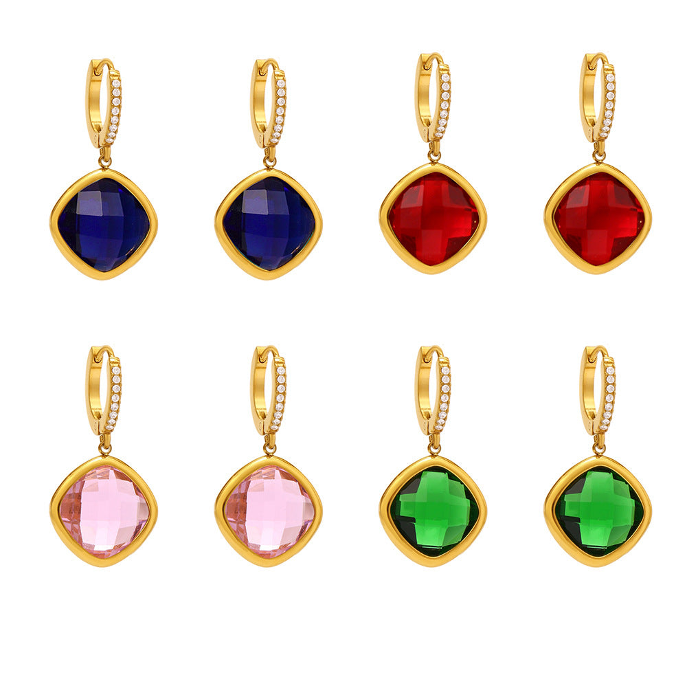 Wholesale Stainless Steel Drop Earrings with Real Gold Plating Fashion Jewelry Zircon Glass Multiple Color Options Available