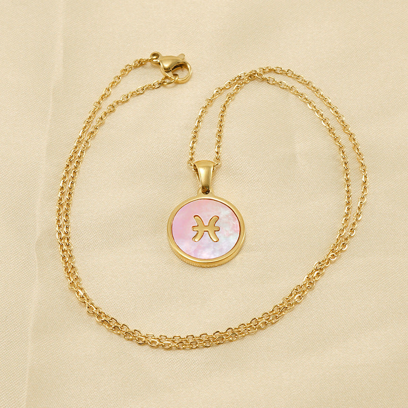 Unisex Vintage Style Stainless Steel Round Gold Zodiac Pendant Necklace Gold Plated Link Chain Shell Main Stone for Anniversary