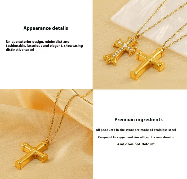 Vintage Cross Pendant Necklace for Unisex Real Gold Plated Stainless Steel with White Zircons Link Chain for Anniversary