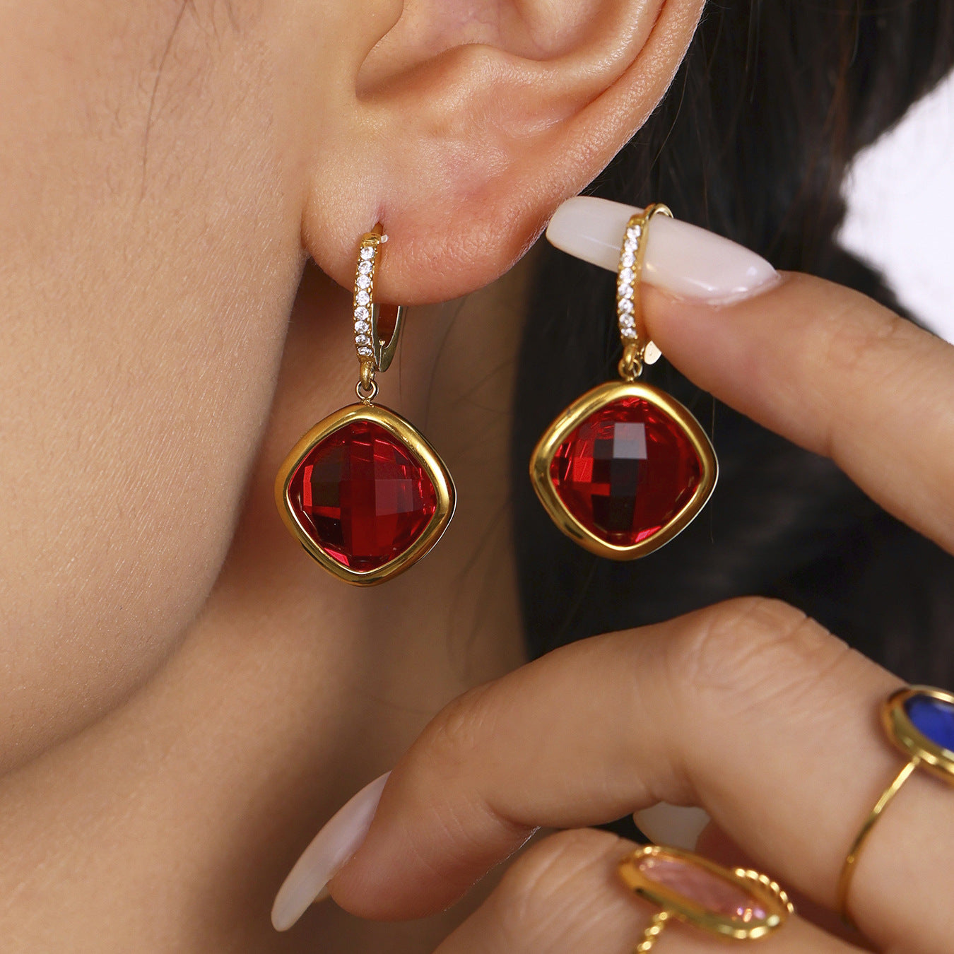 Wholesale Stainless Steel Drop Earrings with Real Gold Plating Fashion Jewelry Zircon Glass Multiple Color Options Available