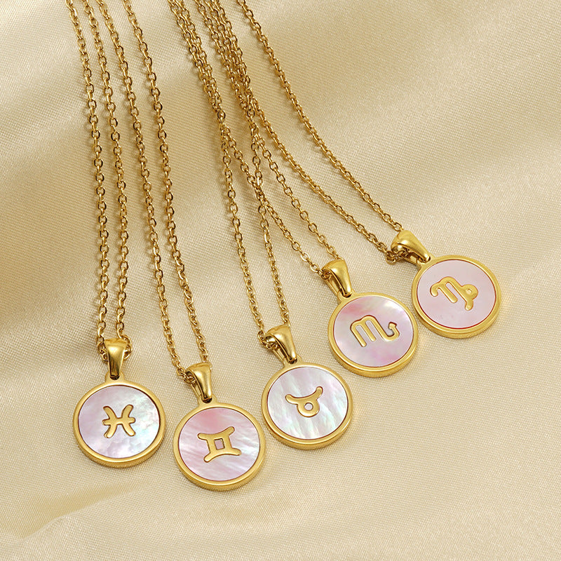 Unisex Vintage Style Stainless Steel Round Gold Zodiac Pendant Necklace Gold Plated Link Chain Shell Main Stone for Anniversary