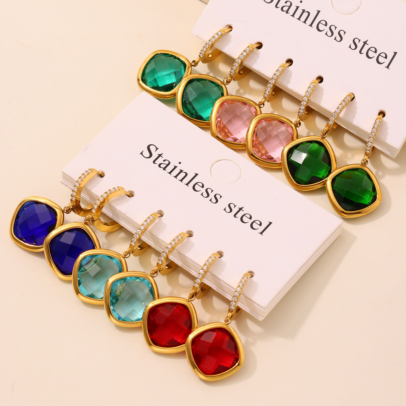 Wholesale Stainless Steel Drop Earrings with Real Gold Plating Fashion Jewelry Zircon Glass Multiple Color Options Available
