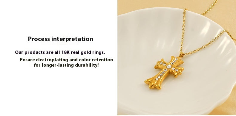 Vintage Cross Pendant Necklace for Unisex Real Gold Plated Stainless Steel with White Zircons Link Chain for Anniversary