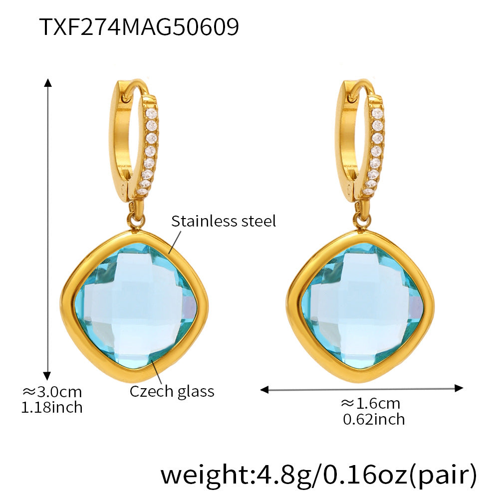 Wholesale Stainless Steel Drop Earrings with Real Gold Plating Fashion Jewelry Zircon Glass Multiple Color Options Available