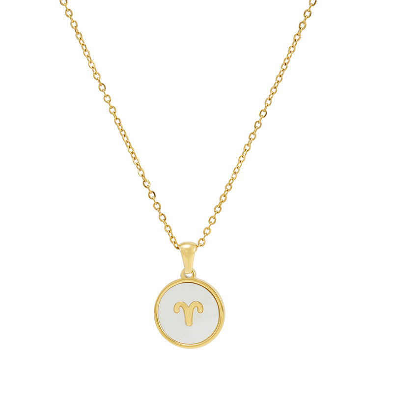 Unisex Vintage Style Stainless Steel Round Gold Zodiac Pendant Necklace Gold Plated Link Chain Shell Main Stone for Anniversary
