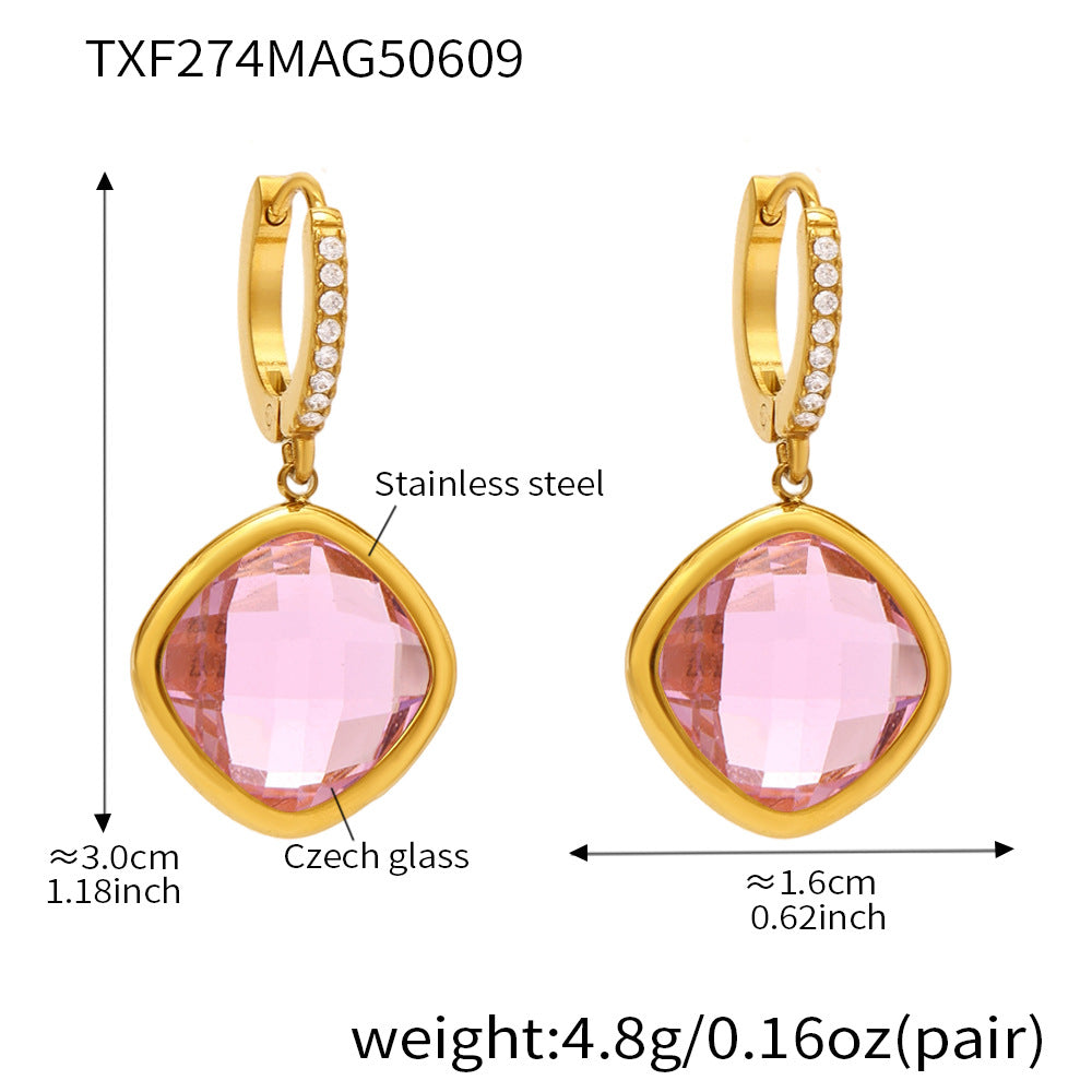Wholesale Stainless Steel Drop Earrings with Real Gold Plating Fashion Jewelry Zircon Glass Multiple Color Options Available