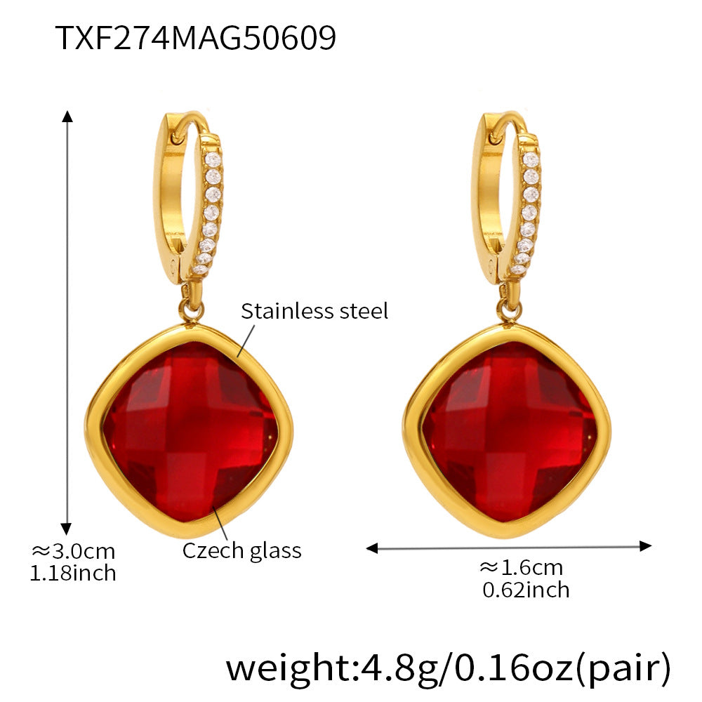 Wholesale Stainless Steel Drop Earrings with Real Gold Plating Fashion Jewelry Zircon Glass Multiple Color Options Available