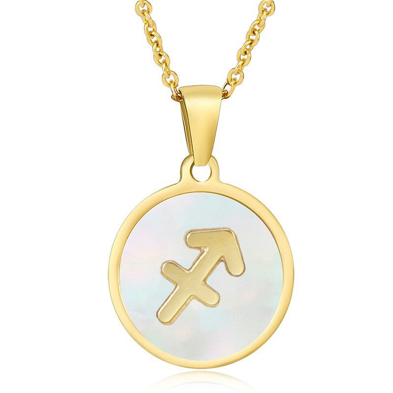 Unisex Vintage Style Stainless Steel Round Gold Zodiac Pendant Necklace Gold Plated Link Chain Shell Main Stone for Anniversary