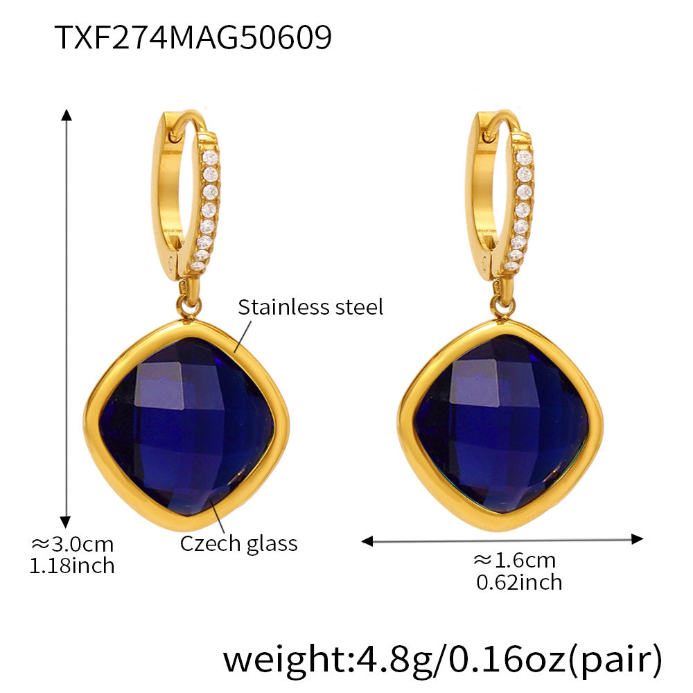 Wholesale Stainless Steel Drop Earrings with Real Gold Plating Fashion Jewelry Zircon Glass Multiple Color Options Available