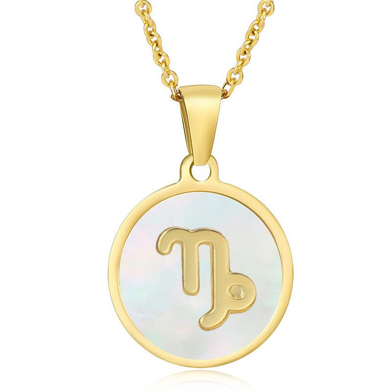 Unisex Vintage Style Stainless Steel Round Gold Zodiac Pendant Necklace Gold Plated Link Chain Shell Main Stone for Anniversary