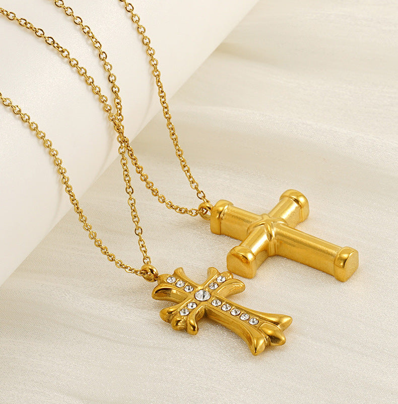 Vintage Cross Pendant Necklace for Unisex Real Gold Plated Stainless Steel with White Zircons Link Chain for Anniversary