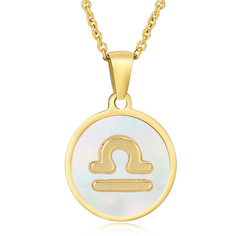 Unisex Vintage Style Stainless Steel Round Gold Zodiac Pendant Necklace Gold Plated Link Chain Shell Main Stone for Anniversary