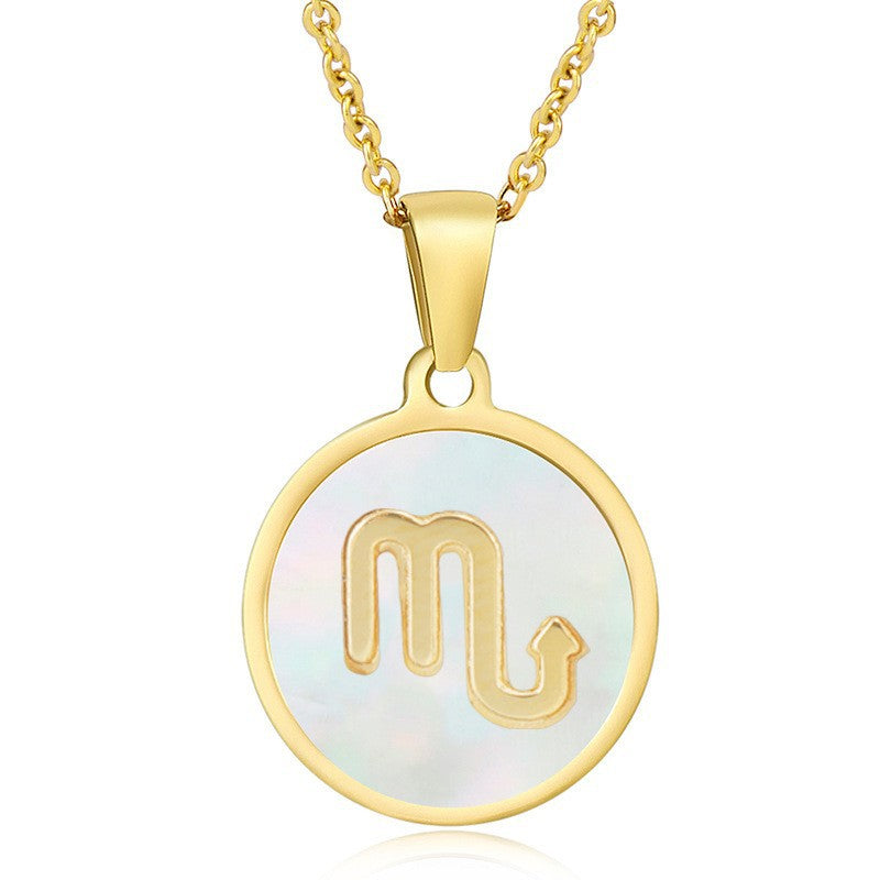 Unisex Vintage Style Stainless Steel Round Gold Zodiac Pendant Necklace Gold Plated Link Chain Shell Main Stone for Anniversary