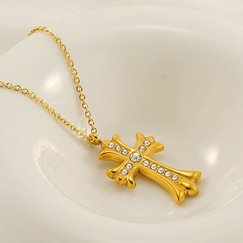 Vintage Cross Pendant Necklace for Unisex Real Gold Plated Stainless Steel with White Zircons Link Chain for Anniversary