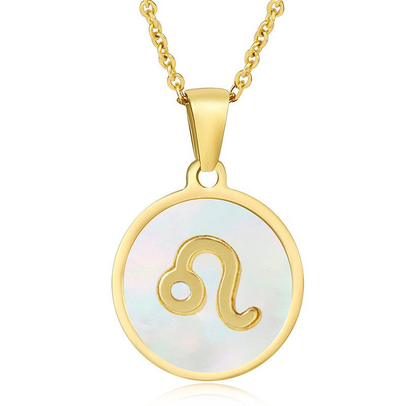 Unisex Vintage Style Stainless Steel Round Gold Zodiac Pendant Necklace Gold Plated Link Chain Shell Main Stone for Anniversary