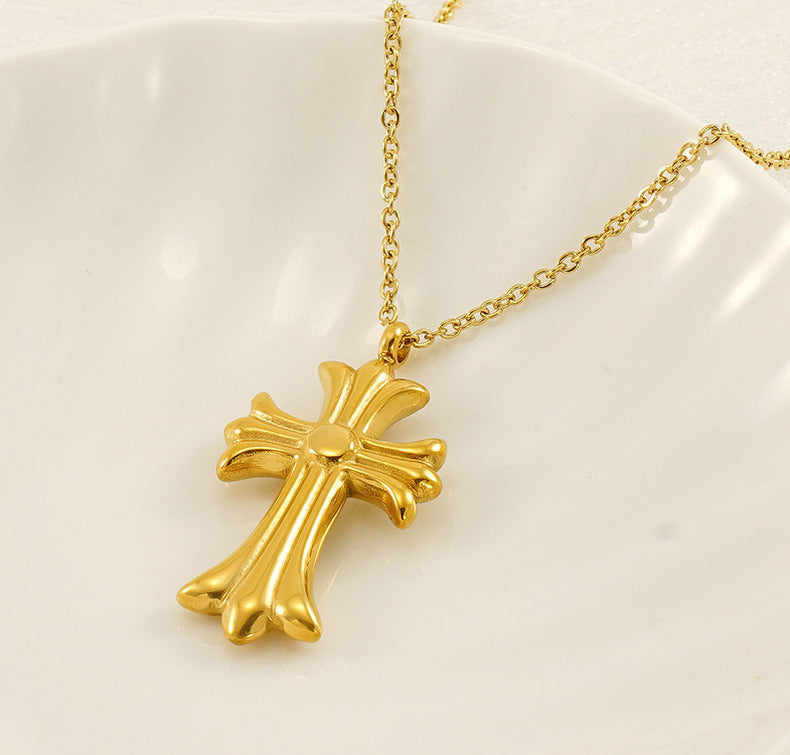 Vintage Cross Pendant Necklace for Unisex Real Gold Plated Stainless Steel with White Zircons Link Chain for Anniversary