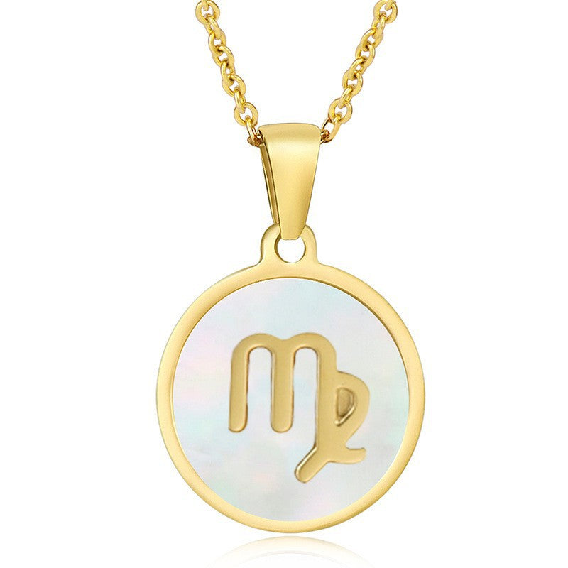 Unisex Vintage Style Stainless Steel Round Gold Zodiac Pendant Necklace Gold Plated Link Chain Shell Main Stone for Anniversary