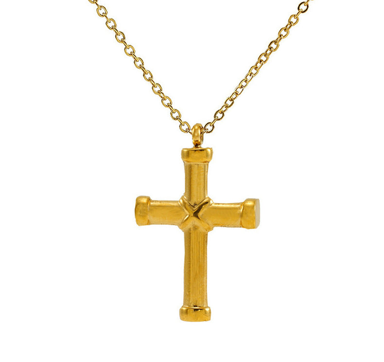 Vintage Cross Pendant Necklace for Unisex Real Gold Plated Stainless Steel with White Zircons Link Chain for Anniversary