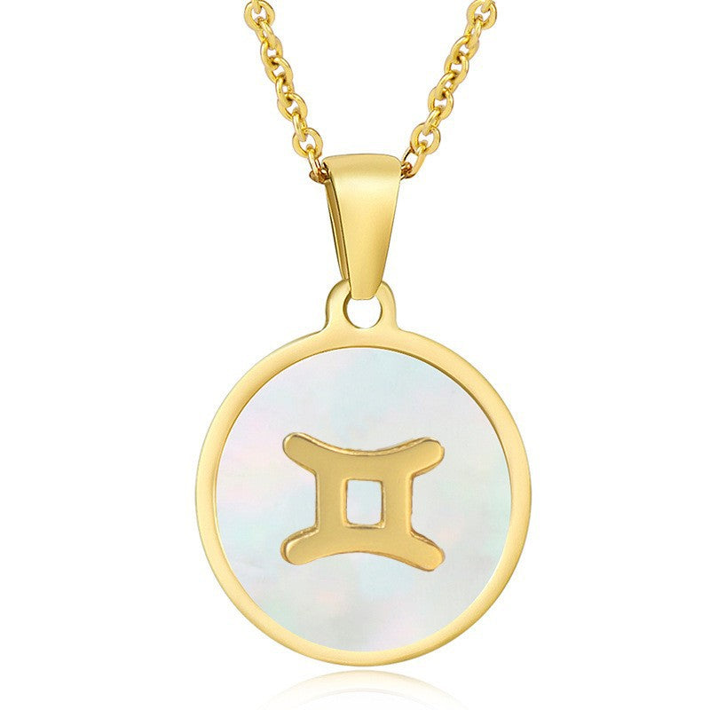Unisex Vintage Style Stainless Steel Round Gold Zodiac Pendant Necklace Gold Plated Link Chain Shell Main Stone for Anniversary
