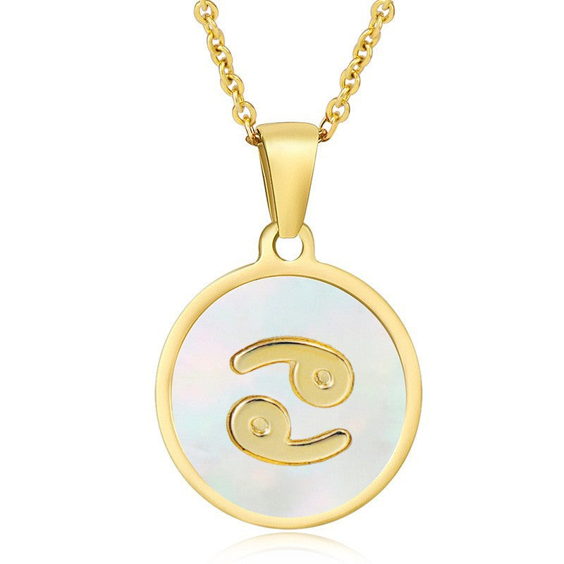 Unisex Vintage Style Stainless Steel Round Gold Zodiac Pendant Necklace Gold Plated Link Chain Shell Main Stone for Anniversary