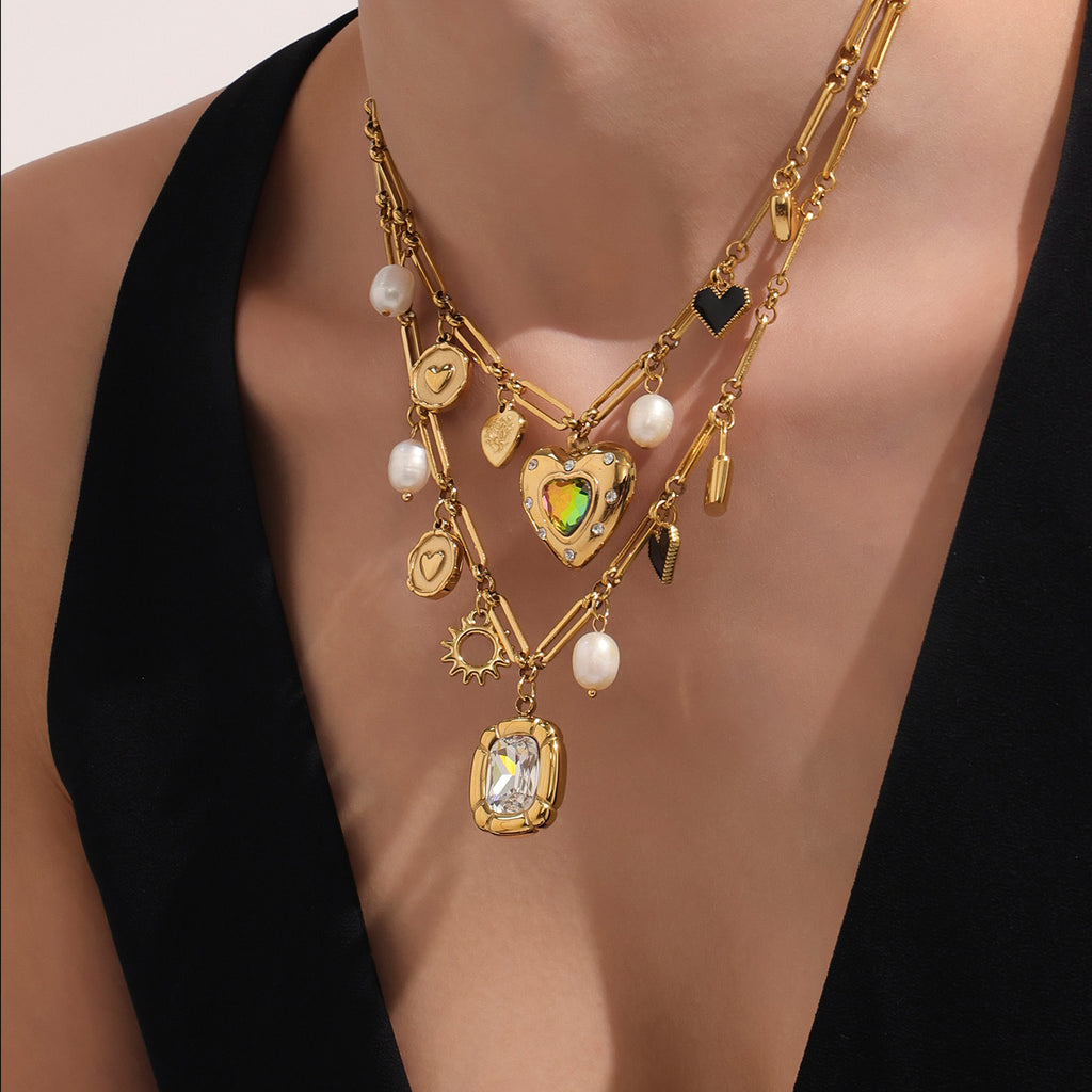 Fashionable Women's Stainless Steel Necklace with Real Gold PVD Plating Pearl Zircon Heart Charm Link Chain Gift Jewelry