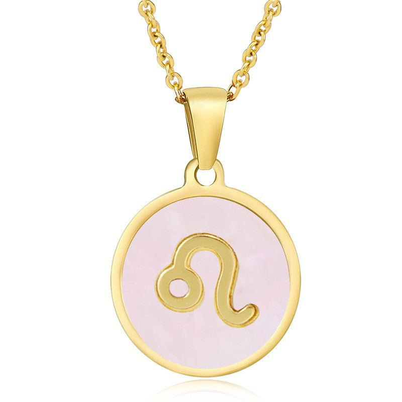 Unisex Vintage Style Stainless Steel Round Gold Zodiac Pendant Necklace Gold Plated Link Chain Shell Main Stone for Anniversary