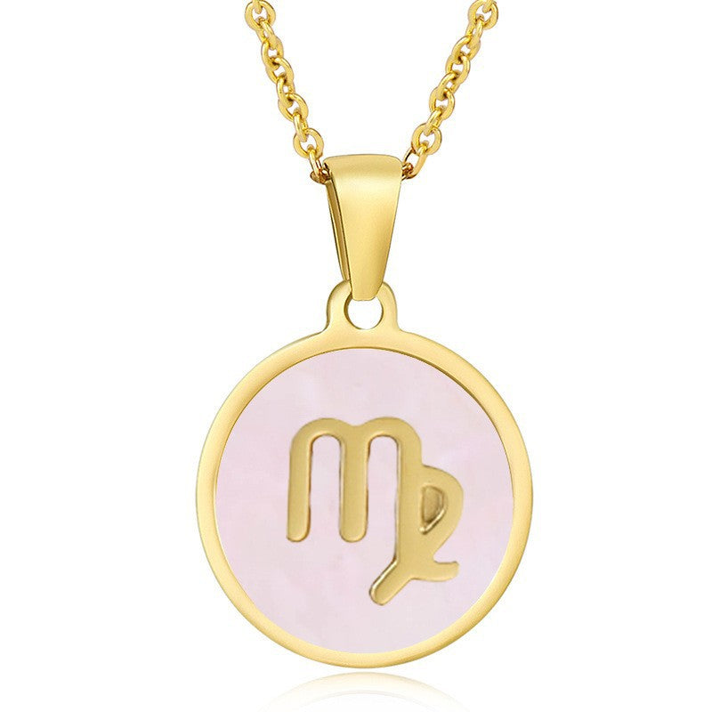 Unisex Vintage Style Stainless Steel Round Gold Zodiac Pendant Necklace Gold Plated Link Chain Shell Main Stone for Anniversary