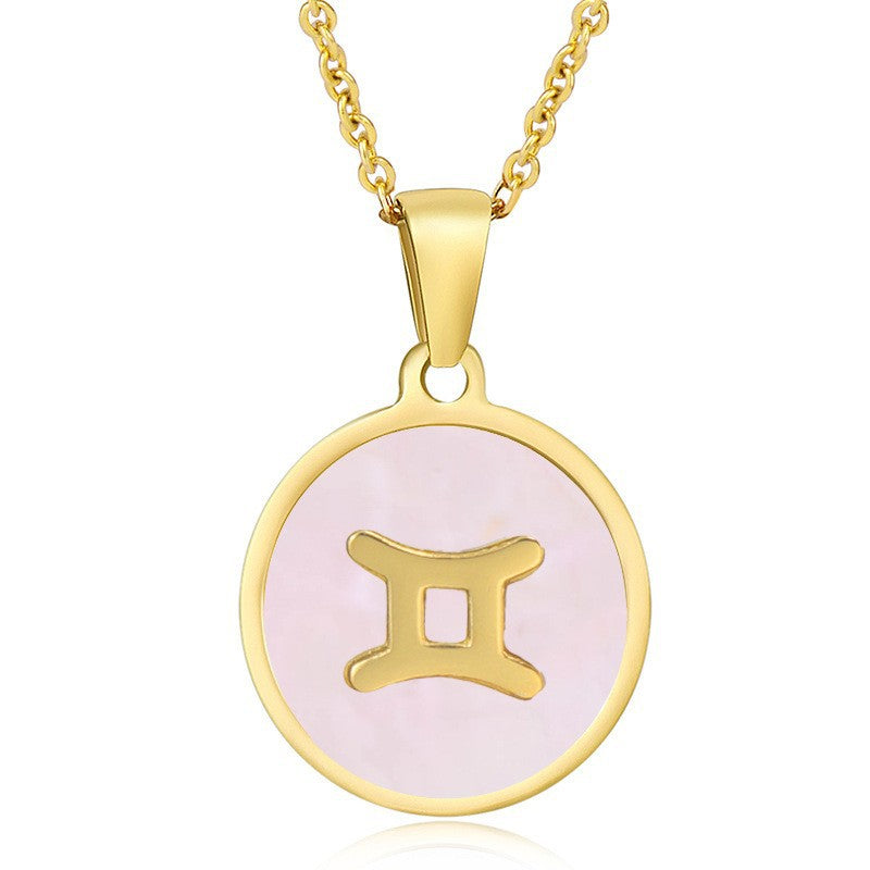 Unisex Vintage Style Stainless Steel Round Gold Zodiac Pendant Necklace Gold Plated Link Chain Shell Main Stone for Anniversary