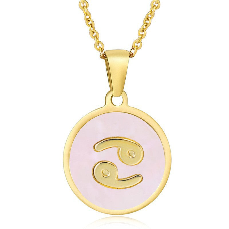 Unisex Vintage Style Stainless Steel Round Gold Zodiac Pendant Necklace Gold Plated Link Chain Shell Main Stone for Anniversary