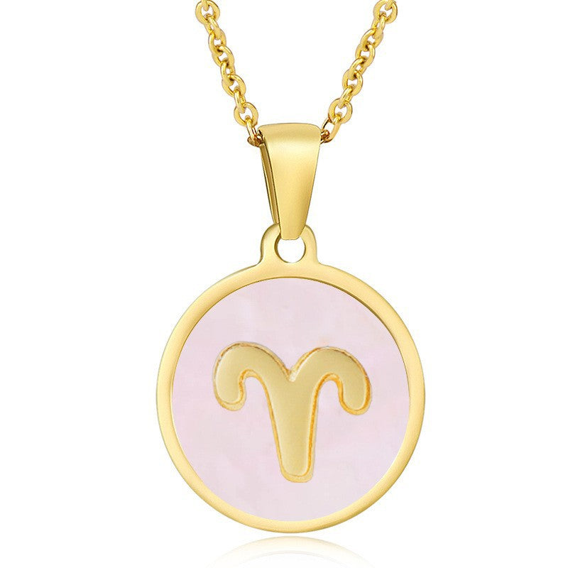 Unisex Vintage Style Stainless Steel Round Gold Zodiac Pendant Necklace Gold Plated Link Chain Shell Main Stone for Anniversary