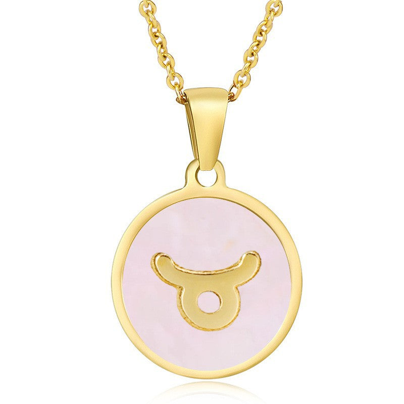 Unisex Vintage Style Stainless Steel Round Gold Zodiac Pendant Necklace Gold Plated Link Chain Shell Main Stone for Anniversary