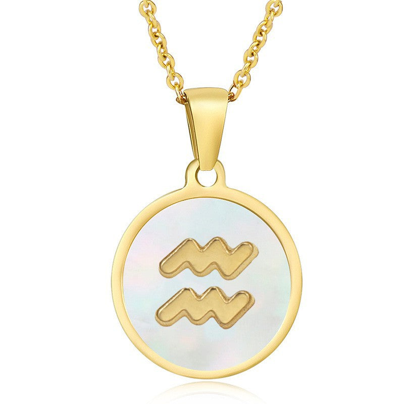Unisex Vintage Style Stainless Steel Round Gold Zodiac Pendant Necklace Gold Plated Link Chain Shell Main Stone for Anniversary