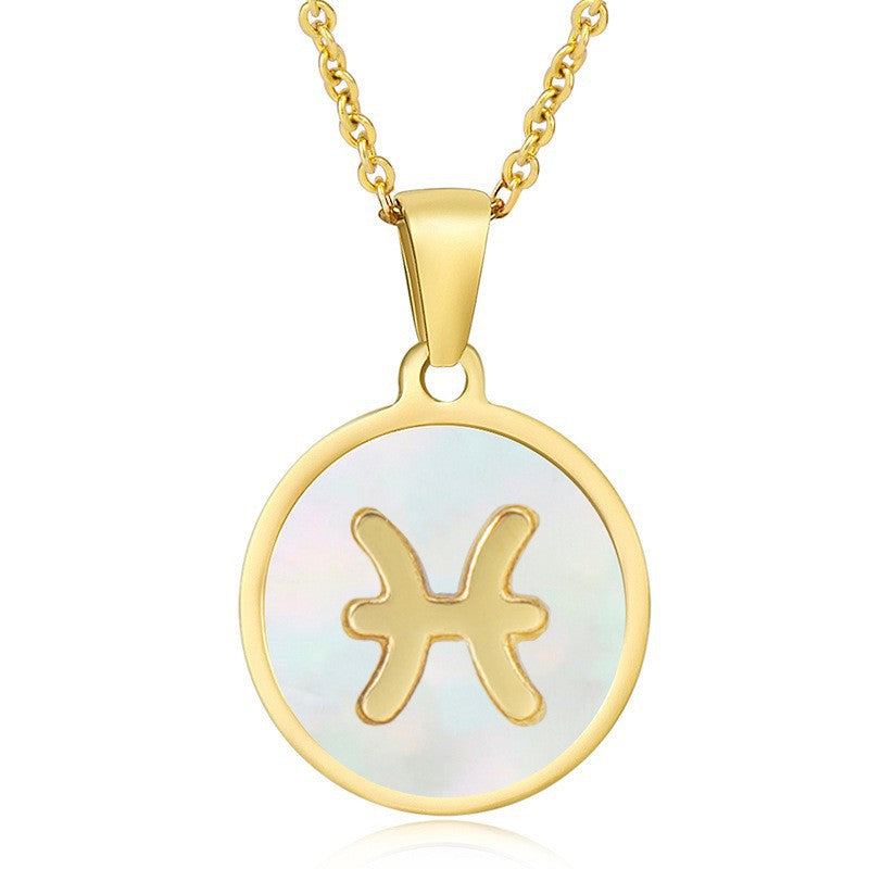 Unisex Vintage Style Stainless Steel Round Gold Zodiac Pendant Necklace Gold Plated Link Chain Shell Main Stone for Anniversary