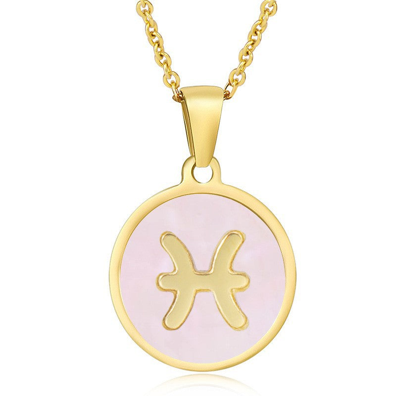 Unisex Vintage Style Stainless Steel Round Gold Zodiac Pendant Necklace Gold Plated Link Chain Shell Main Stone for Anniversary