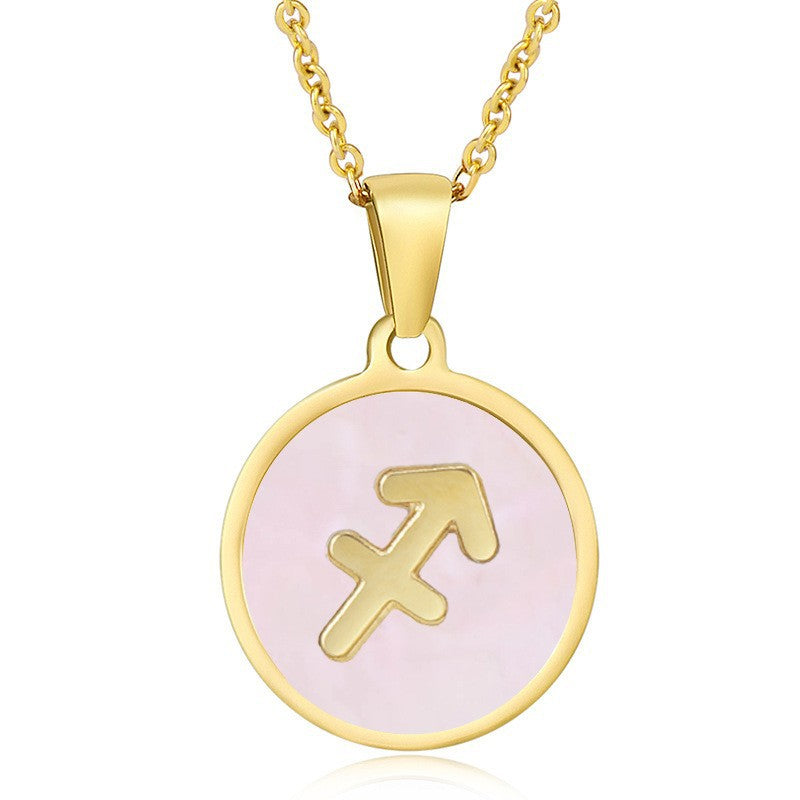 Unisex Vintage Style Stainless Steel Round Gold Zodiac Pendant Necklace Gold Plated Link Chain Shell Main Stone for Anniversary