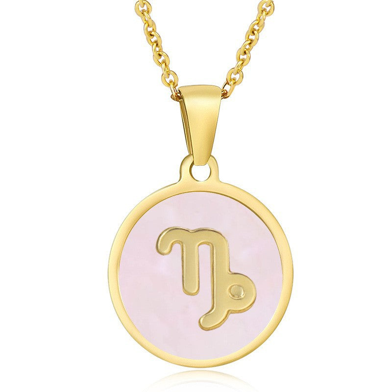 Unisex Vintage Style Stainless Steel Round Gold Zodiac Pendant Necklace Gold Plated Link Chain Shell Main Stone for Anniversary