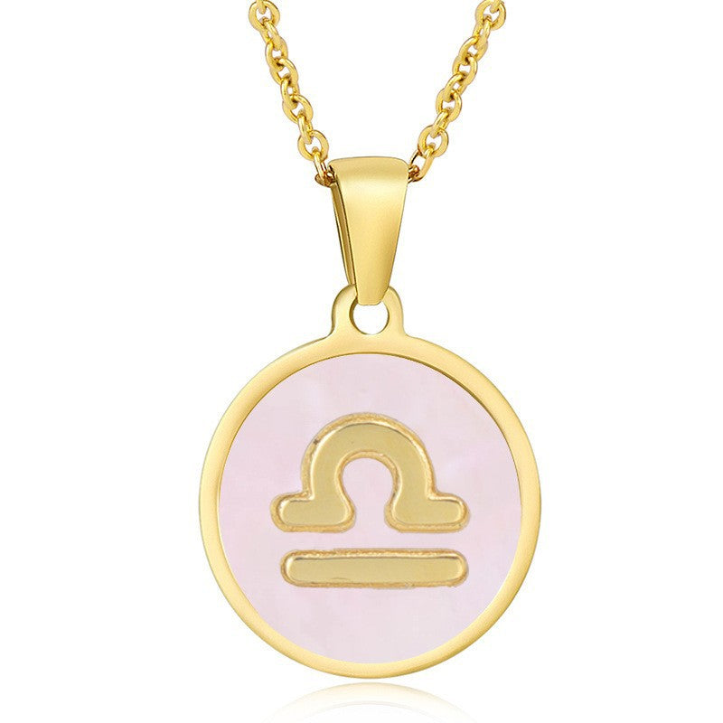 Unisex Vintage Style Stainless Steel Round Gold Zodiac Pendant Necklace Gold Plated Link Chain Shell Main Stone for Anniversary