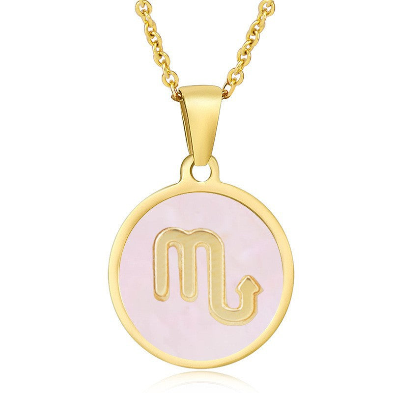 Unisex Vintage Style Stainless Steel Round Gold Zodiac Pendant Necklace Gold Plated Link Chain Shell Main Stone for Anniversary