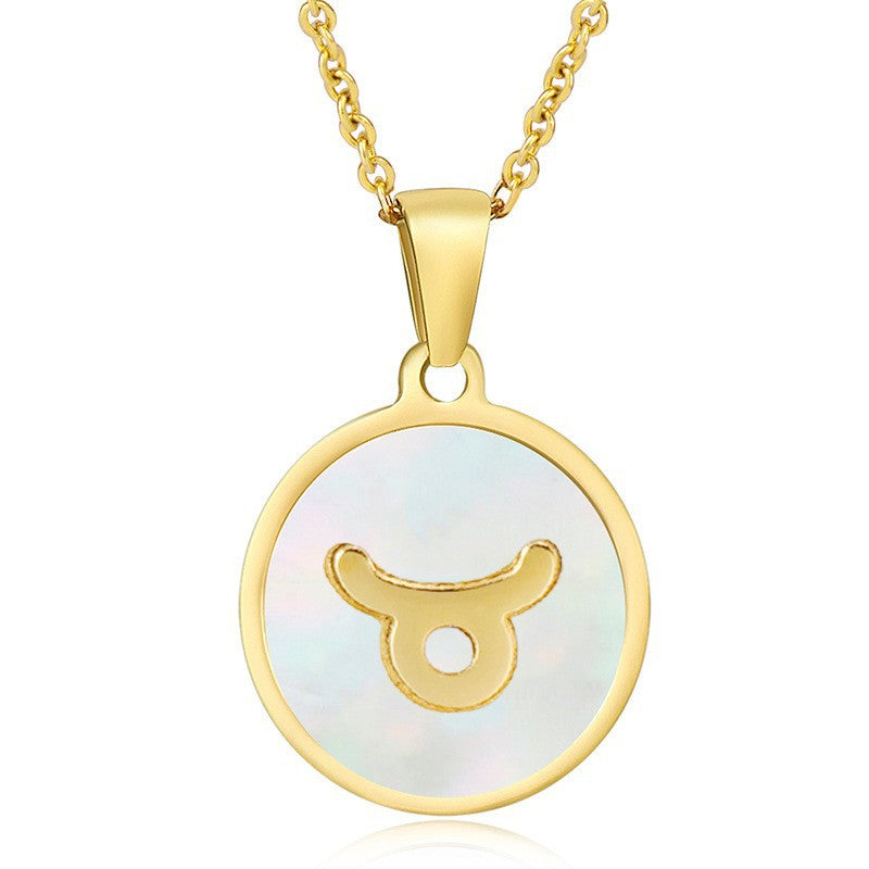 Unisex Vintage Style Stainless Steel Round Gold Zodiac Pendant Necklace Gold Plated Link Chain Shell Main Stone for Anniversary