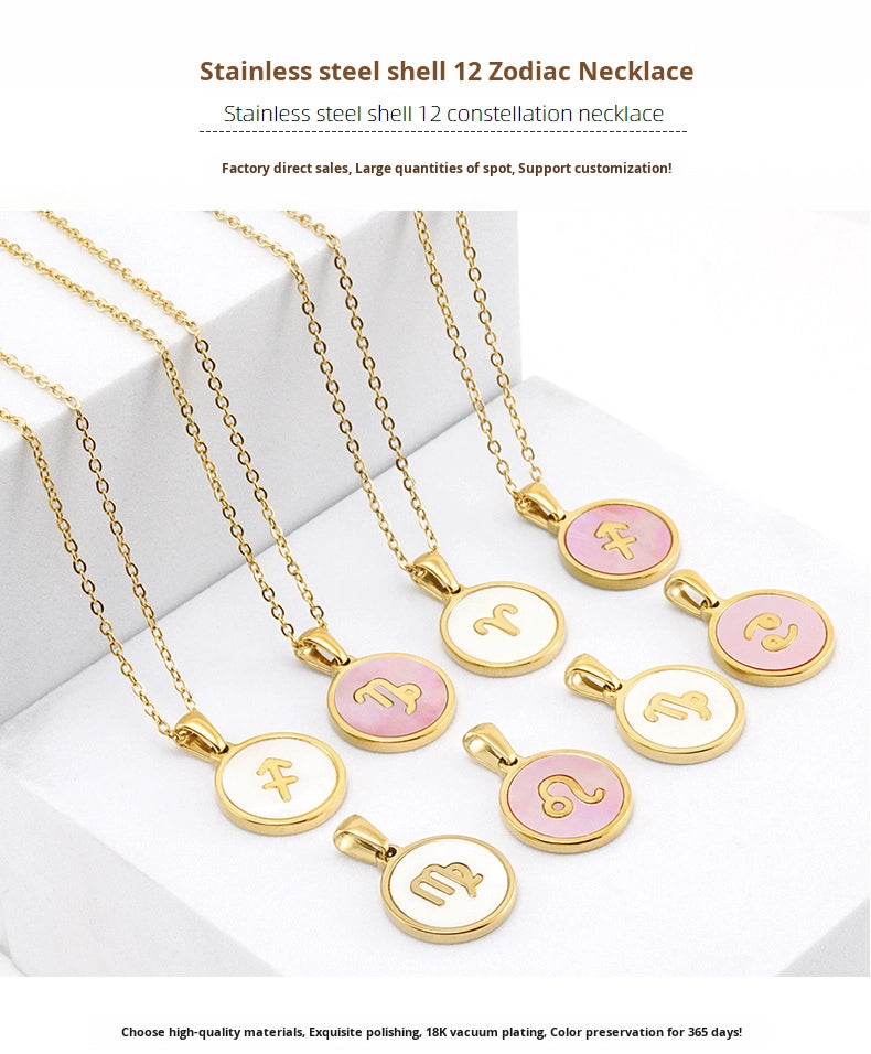 Unisex Vintage Style Stainless Steel Round Gold Zodiac Pendant Necklace Gold Plated Link Chain Shell Main Stone for Anniversary