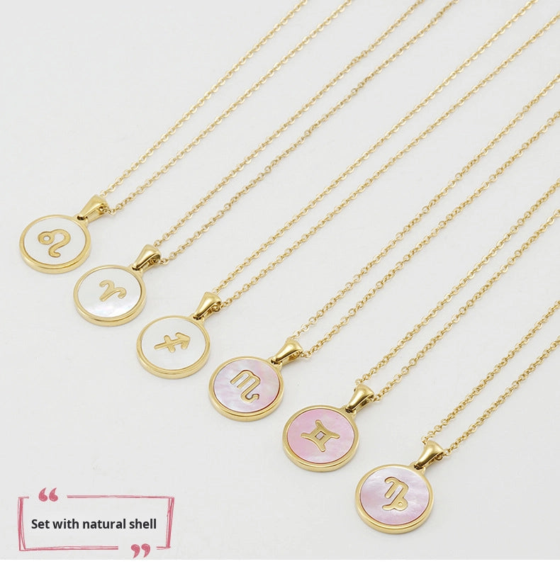 Unisex Vintage Style Stainless Steel Round Gold Zodiac Pendant Necklace Gold Plated Link Chain Shell Main Stone for Anniversary
