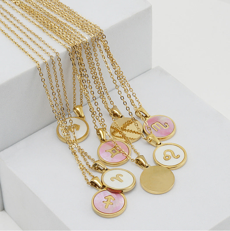 Unisex Vintage Style Stainless Steel Round Gold Zodiac Pendant Necklace Gold Plated Link Chain Shell Main Stone for Anniversary