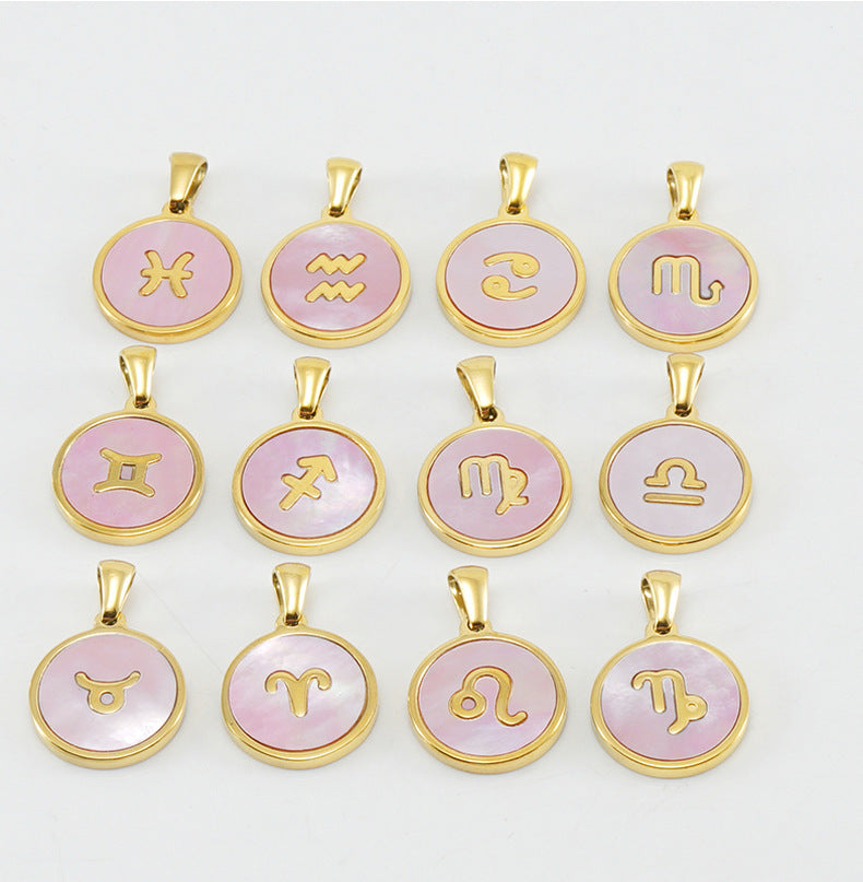 Unisex Vintage Style Stainless Steel Round Gold Zodiac Pendant Necklace Gold Plated Link Chain Shell Main Stone for Anniversary