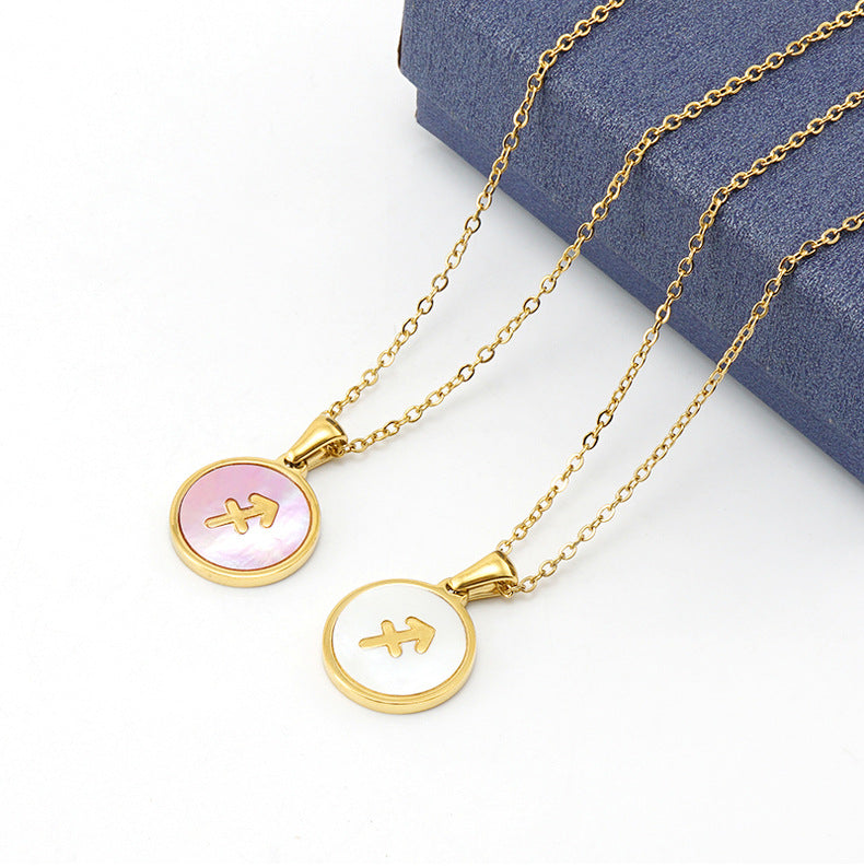 Unisex Vintage Style Stainless Steel Round Gold Zodiac Pendant Necklace Gold Plated Link Chain Shell Main Stone for Anniversary