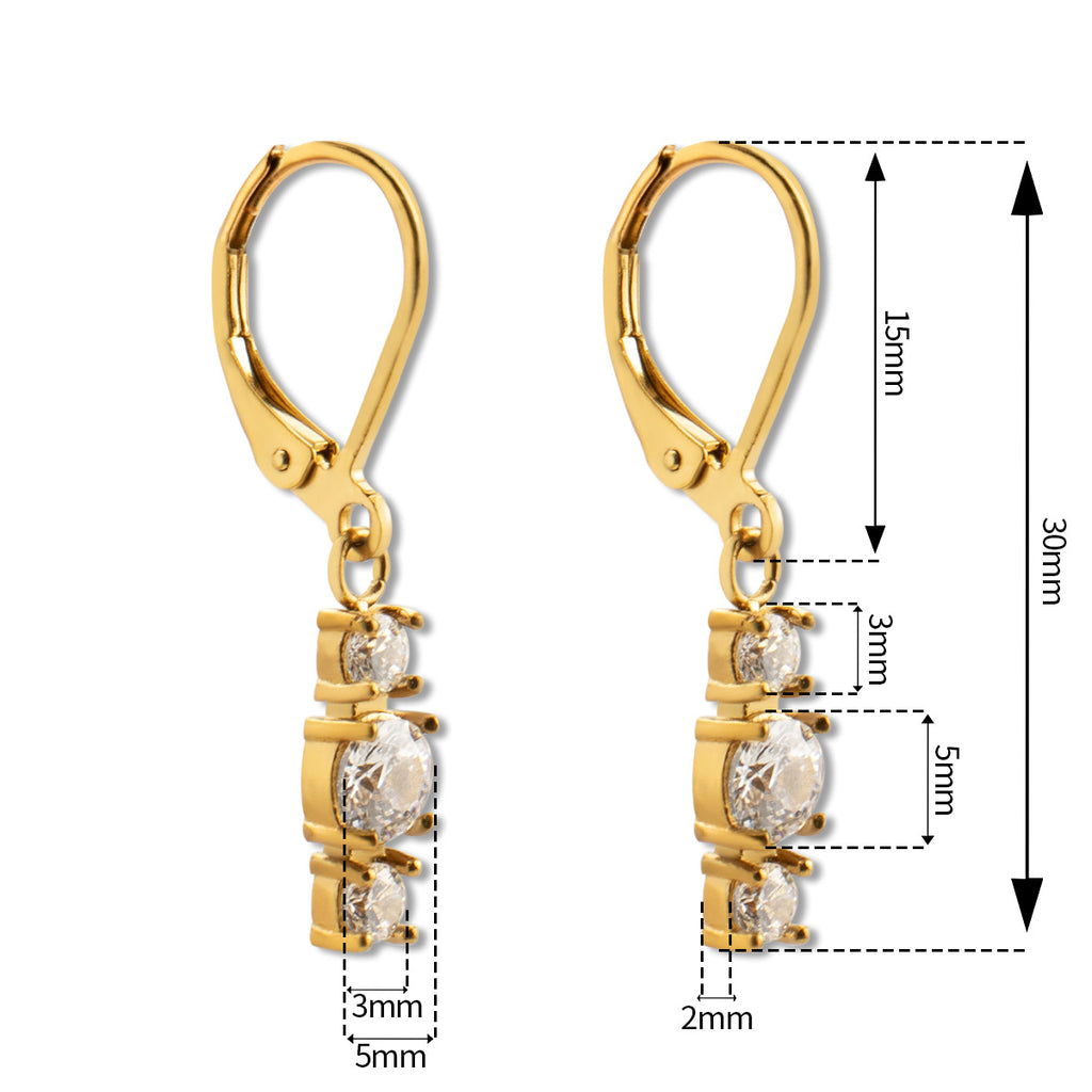 18K Gold Plated Vintage Style Drop Earrings Three Zircons Stylish Trendy Pattern Stainless Steel Hypoallergenic for Parties