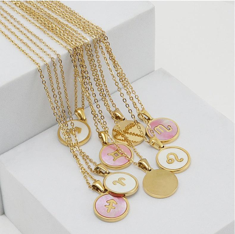 Unisex Vintage Style Stainless Steel Round Gold Zodiac Pendant Necklace Gold Plated Link Chain Shell Main Stone for Anniversary