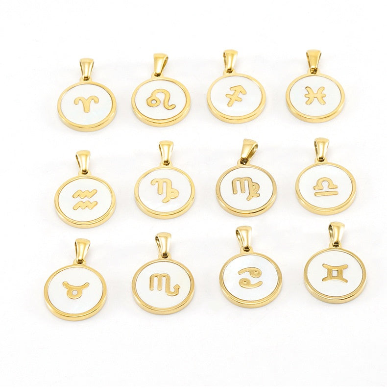 Unisex Vintage Style Stainless Steel Round Gold Zodiac Pendant Necklace Gold Plated Link Chain Shell Main Stone for Anniversary