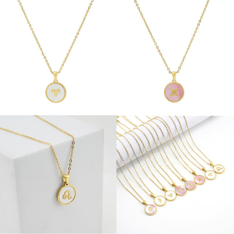 Unisex Vintage Style Stainless Steel Round Gold Zodiac Pendant Necklace Gold Plated Link Chain Shell Main Stone for Anniversary