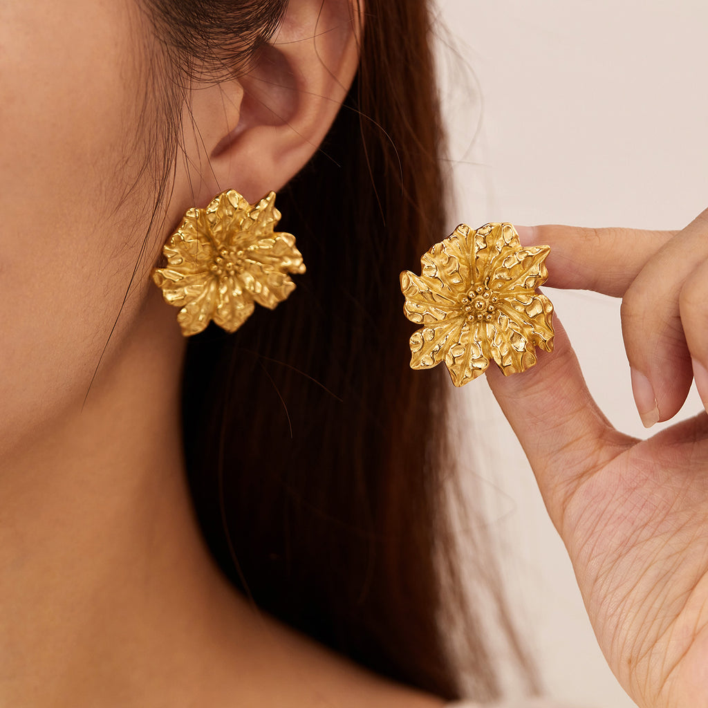 Trendy Stainless Steel Gold Plated Flower Stud Earrings Waterproof Hypoallergenic for Party-Wear Wholesale Jewelry for Girls