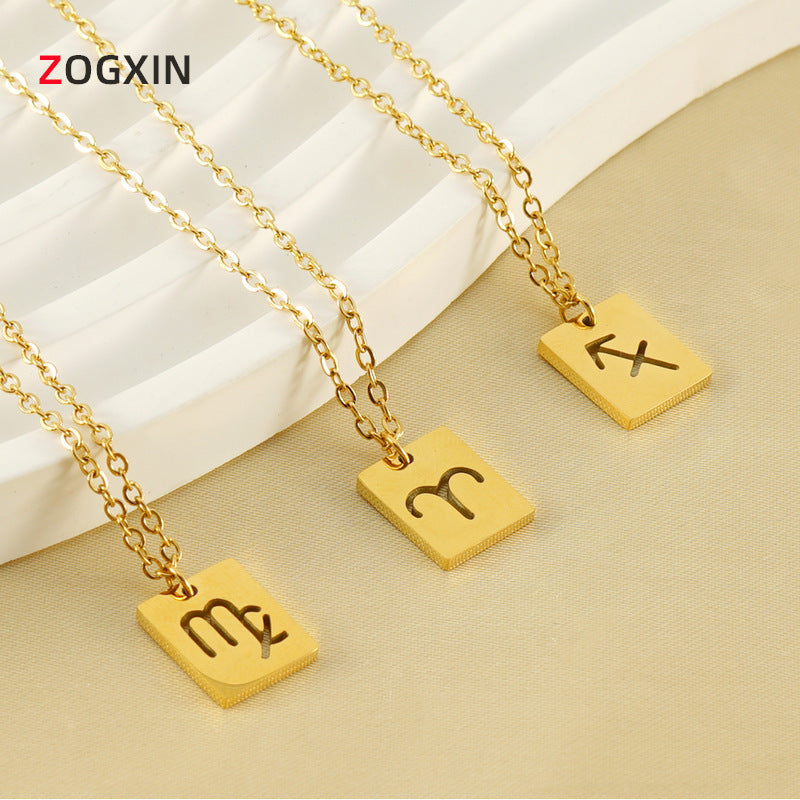 Unisex Simple Fashion INS 12 Zodiacs Rectangular Pendant Necklace Stainless Steel Trendy Hollow Pendant Necklaces-Wholesale